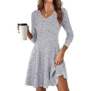 Women's Long Sleeve Ribbed Knit Short Dresses V Neck Swing Sweater Dress Grey